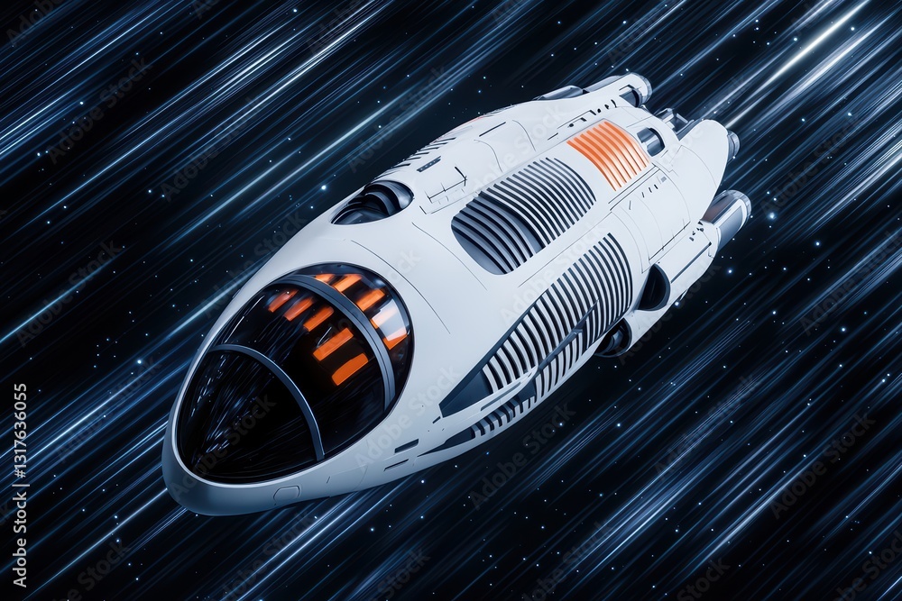 Poster futuristic 3d rendered spaceship traveling through deep space with streaks of light