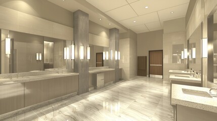 Spacious, well-lit restroom with sinks, mirrors, marble floors, pillar accents and lighting