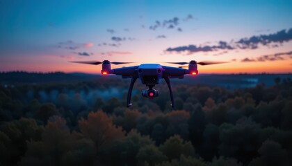 Fototapeta premium Drone Flying Over Lush Forest at Sunset with Colorful Sky