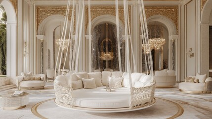 A luxurious white circular swing placed in an elegant lounge with soft golden lighting