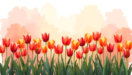 Bright tulips of red and orange colors in a neat row, creating an atmosphere of joy and celebration