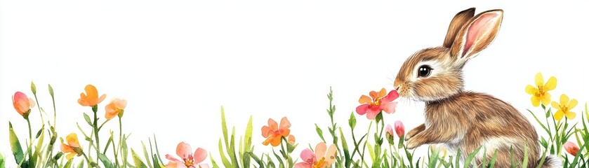 Obraz premium Curious Bunny Sniffing Bright Flowers in Soft Watercolor Style on a White Background