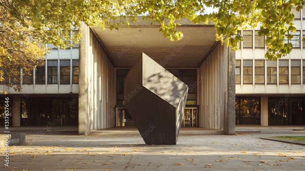 Poster modern architecture with an abstract sculpture in the foreground, trees framing the scene