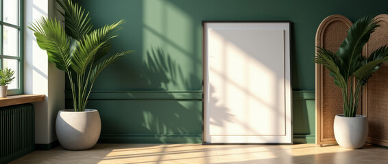 Modern Poster Mockup in an Elegant Living Space Captured in a Wide-Angle Shot