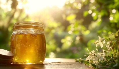 Golden Honey Jar on Wooden Table with White Blossoms in Sunlight