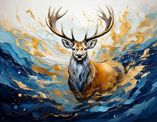 deer in the forest wall art, gold blue  colorful stag painting background vector