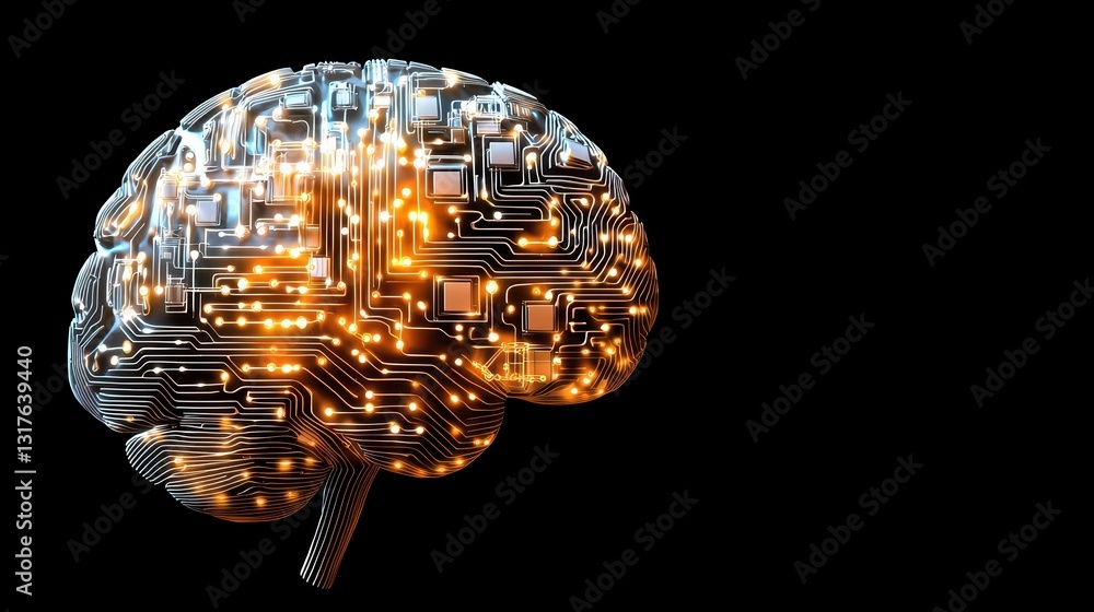 Poster abstract ai brain with digital connections and complex circuit design in dark background
