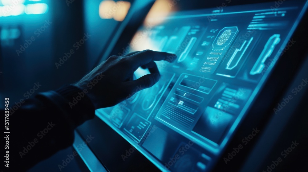 Poster search info terminal, a person uses an interactive touch display to search for information. entertai