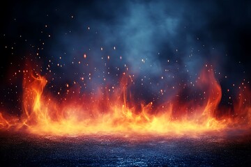 A fiery scene of flames against a dark smoky backdrop