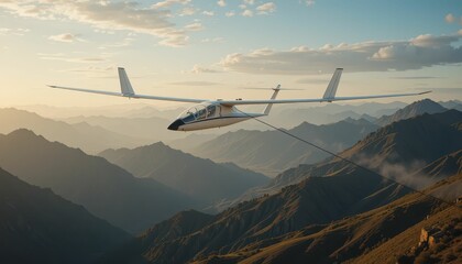 Glider Aircraft in Majestic Mountain Range During Golden Hour Flight