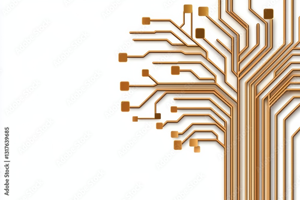 Poster abstract technology tree design with circuit branches and geometric shapes in warm tones
