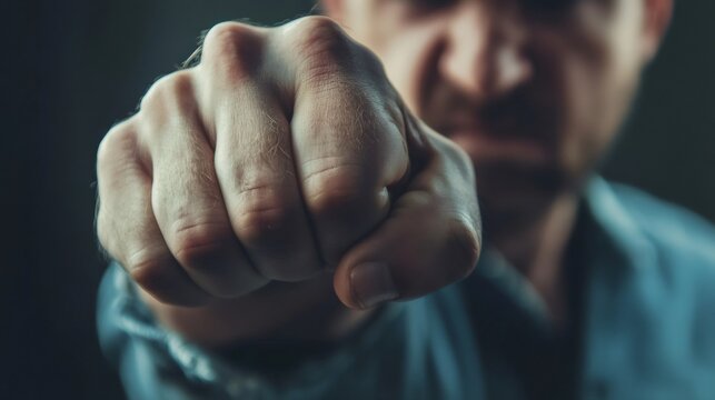 Angry man showing clenched fist in foreground