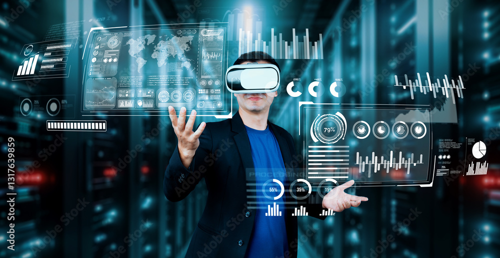 Poster project manager holding financial hologram while wearing vr glasses at data center. professional bus