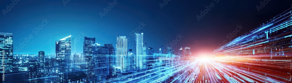 Poster futuristic cityscape with neon lights and data streams in an ai-driven environment