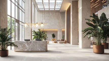 Grand lobby. Marble reception, plants, skylight, and lounge area in a large, bright space