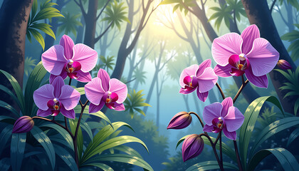Exotic beauty: orchids in the rainforest, merge with the lush vegetation under the humid air, creating an atmosphere of mystery