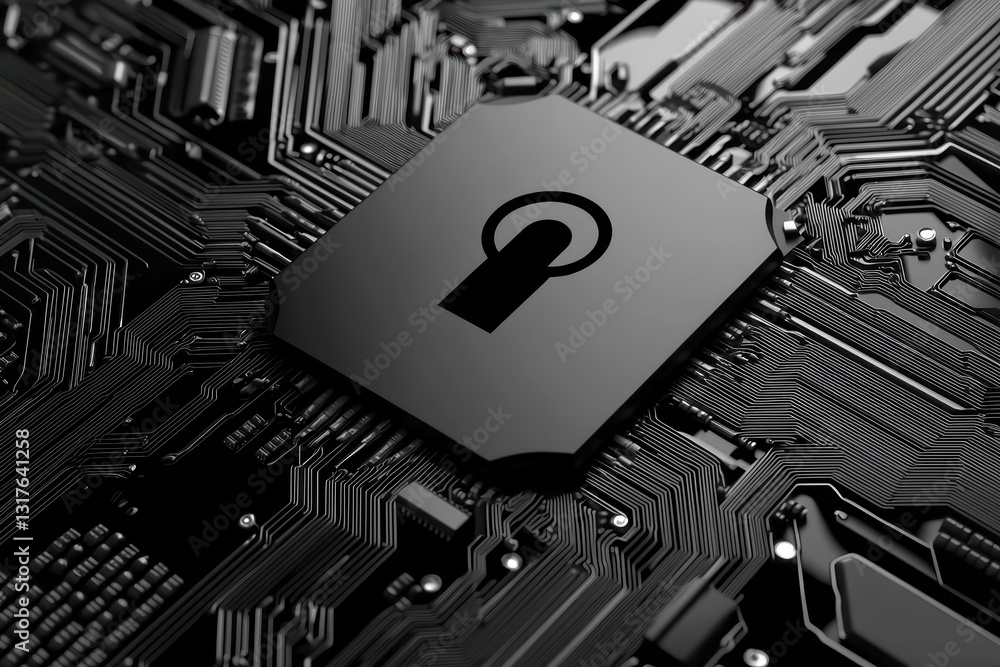 Poster futuristic cyber security matrix with lock shield embedded in digital circuit background