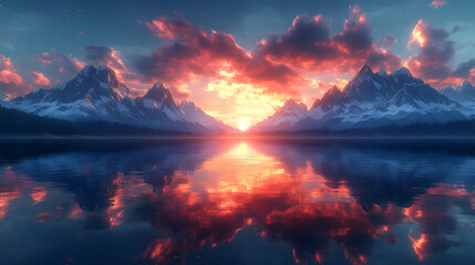A breathtaking mountain sunrise reflecting serenely on a still lake.  Fiery clouds paint the sky in vibrant hues.  Snowy peaks dominate the landscape