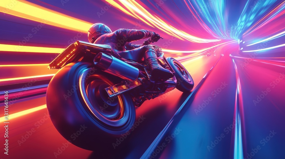 Poster dynamic shot of a vehicle speeding through a neon-lit tunnel with streaks of light creating a sense 