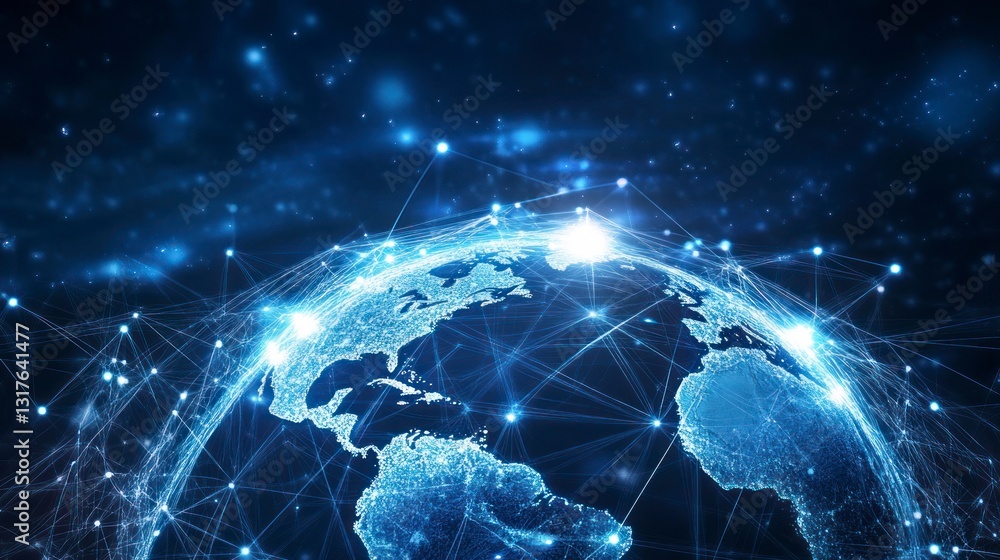 Poster global network connections forming digital earth with glowing nodes and links