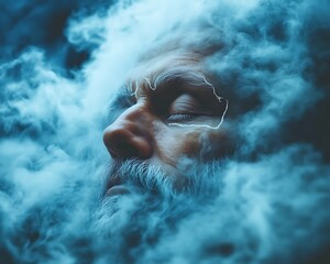 An older human face with closed eyes surrounded by stylized clouds