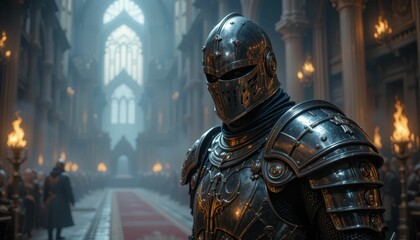Fototapeta premium Knight in Shiny Armor Standing in Grand Castle Hall Interior