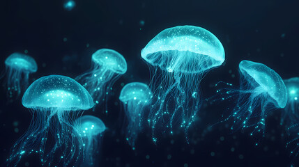 Dark and mysterious underwater scene with bioluminescent lights, oceanic, abyssal, glow. Bioluminescent Glow. Illustration