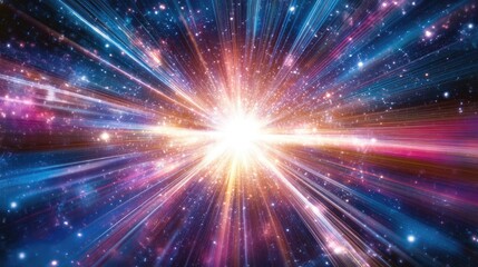 Fototapeta premium Vibrant cosmic explosion with radiant light beams emanating from the center, surrounded by a starry background