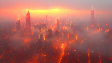 Fototapeta premium A hazy, fiery cityscape