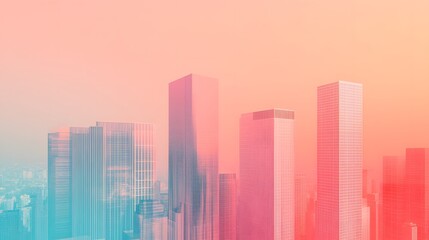 Fototapeta premium a dreamy cityscape bathed in vibrant hues of teal and coral, showcasing a cluster of skyscrapers