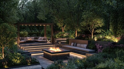 Backyard oasis Fire pit, seating, garden, trees, & lights
