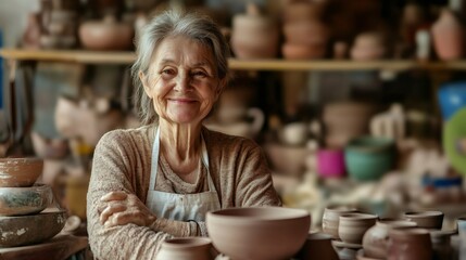 Senior woman potter smiling in her pottery workshop
