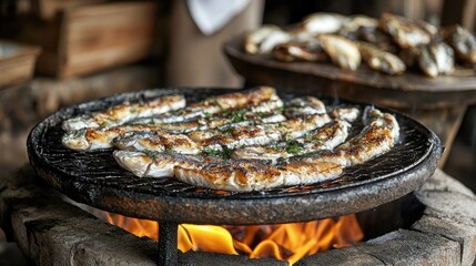 A rustic seafood grill with fresh fish fillets sizzling over an open flame in a restaurant kitchen.