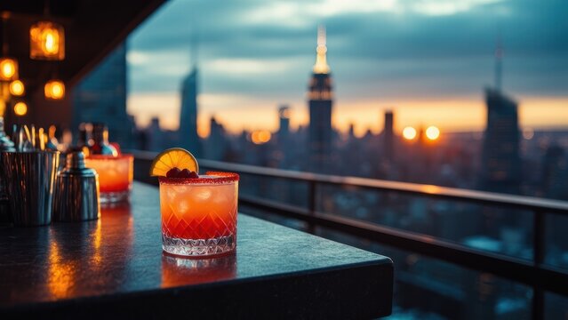 Sunset Cocktails at a New York Rooftop Bar with Skyline Views in Evening Light