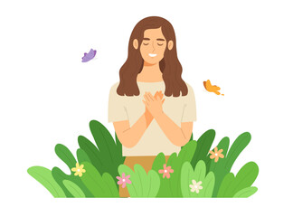 Peaceful woman standing among nature to heal her feeling. Resting in the garden. Concept of mental health, peace, relaxation, healthy lifestyle, calm, self love. Flat vector illustration character.