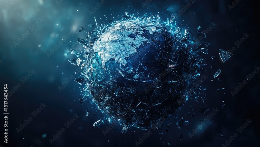 Aufkleber abstract digital representation of a fractured planet, dark blue background, illuminated with a dyna