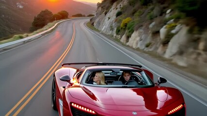 Couple driving modern red sports car on scenic mountain road at sunset