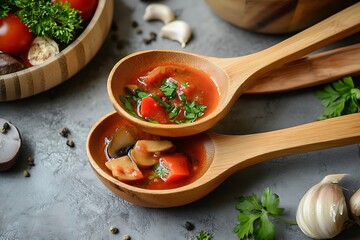 Hearty Tomato Mushroom Soup in Wooden Spoons