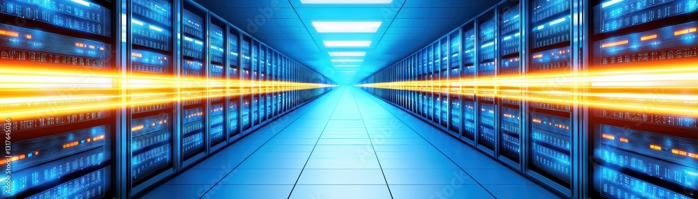 Poster isometric view of a futuristic server room with glowing data cables and digital atmosphere