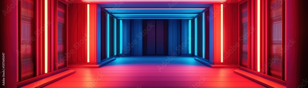 Poster isometric view of a futuristic server room with glowing data panels and ambient lighting