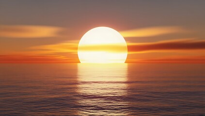 Obraz premium A brilliant sunset over a vast ocean horizon, with the sun appearing as a perfect white sphere halfway submerged in the water. The ocean surface stretches endlessly toward the horizon