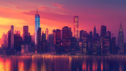 a stunning skyline of a major city at sunset, with tall buildings silhouetted against a vibrant sky and reflecting on the water