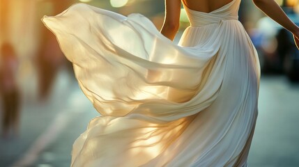 Elegant Woman in Flowing Chiffon Dress Walking on Vibrant City Street at Golden Hour