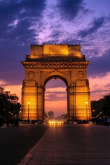 India Gate in sunset evening lights, Rajpath, New Delhi