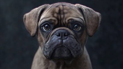 Portrait of pug puppy dog looking at camera with sad expression
