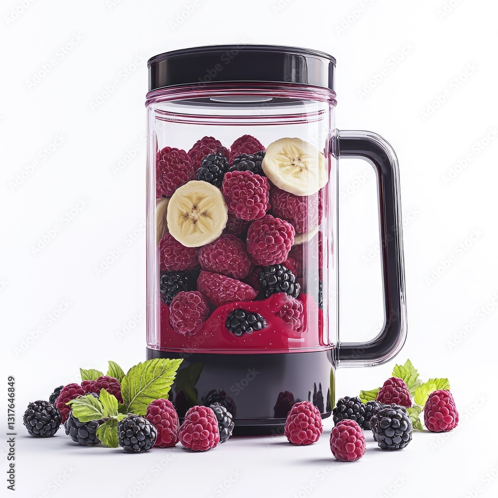 Poster a tabletop blender with a jar full of mixed berries and banana slices, isolated on a white backgroun