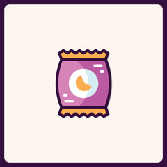 Stylized chip bag icon in violet with yellow accents, fast food concept