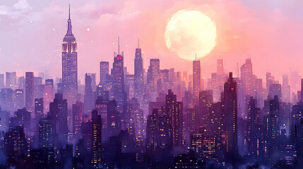 Obraz premium Cityscape at dawn with a full moon. Silhouette city buildings of various heights in soft pastels, with a warm glow