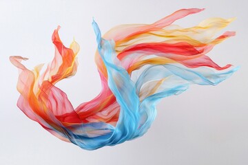Fototapeta premium Colorful fabric dances mid-air, hues of red, yellow, and blue gracefully flow against white