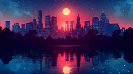 Fototapeta premium Cityscape at dusk, vibrant colors, reflected in water